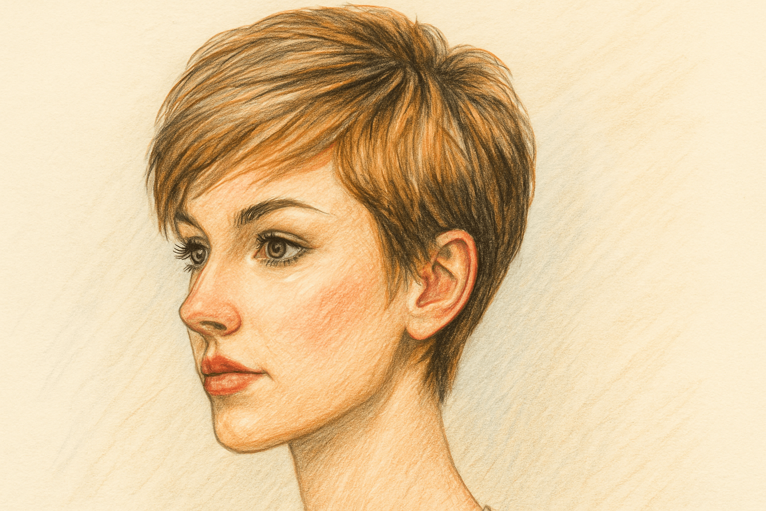 Woman showcasing a textured pixie cut with golden-blonde highlights