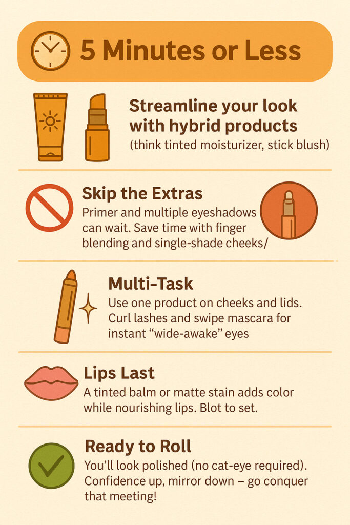 Infographic highlighting a 5-minute everyday makeup routine with icons and tips on hybrid products, multitasking, and minimalist steps
