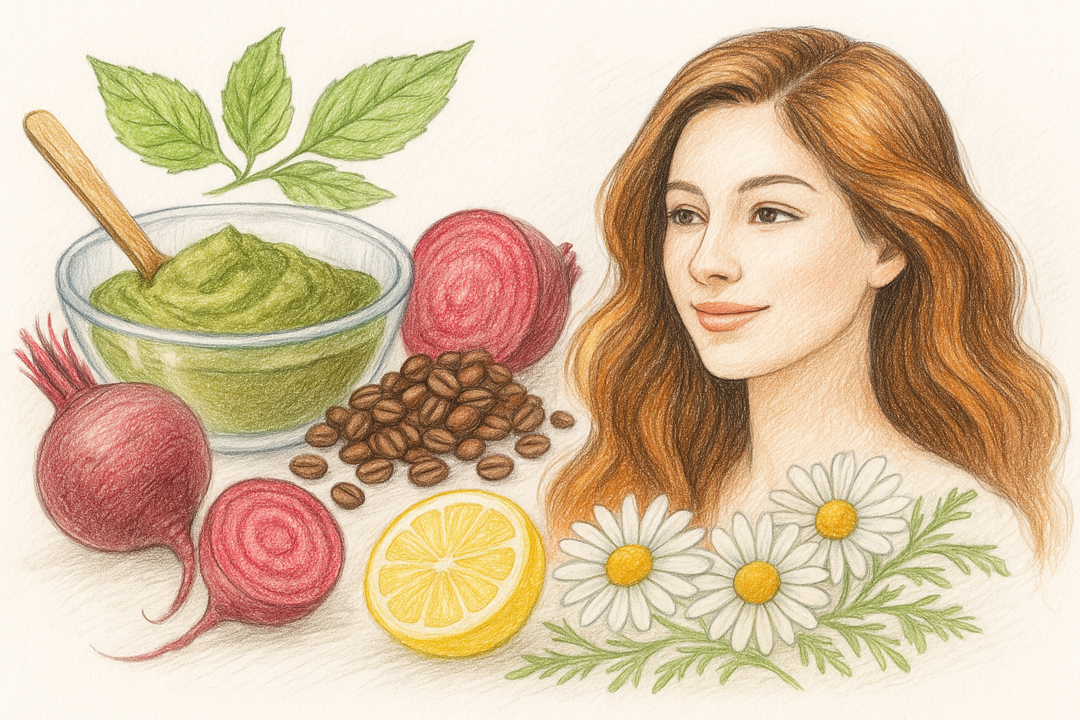 Illustration of henna paste, beetroot, coffee beans, chamomile, and lemon beside a woman’s naturally dyed hair