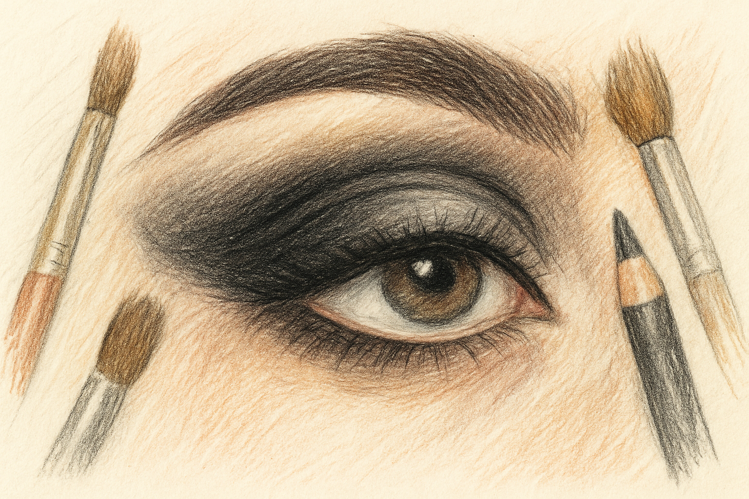 Colored pencil drawing of a close-up female eye showcasing a classic black and grey smokey eye tutorial for beginners