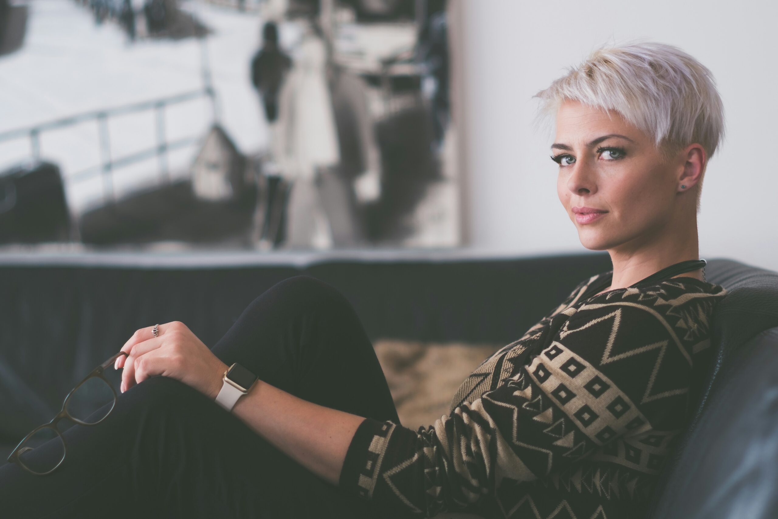 Edgy woman showing pink pixie hair