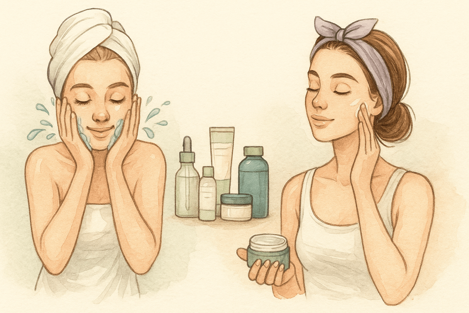 Morning vs night skincare routine for oily skin – illustrated tip: Use lightweight SPF in the morning and repair serums at night for balanced skin